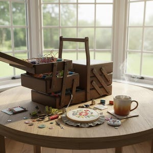 Vintage French Knitting Sewing Craft Needlecraft Craft Baskets Folding Table Storage Box Chest Portable Toolbox c1970-80's / EVE of England