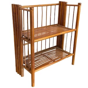 Vintage French Folding Canework Bamboo Side Table Plant Stand Wooden Square Shaped Double Shelf Rest Plinth Tabouret c1970-80&#39;s / EVE