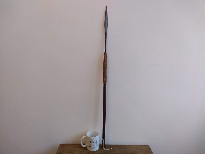 May include: A long, wooden-handled spear with a metal tip. The spear is about 5 feet long and has a dark brown wooden handle. The metal tip is sharp and pointed.