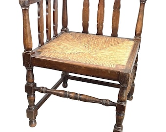 Corner Chair Vintage French Brown Wood Wooden Woven Raffia Strung Stool Display Stand circa 1940-50's / EVE