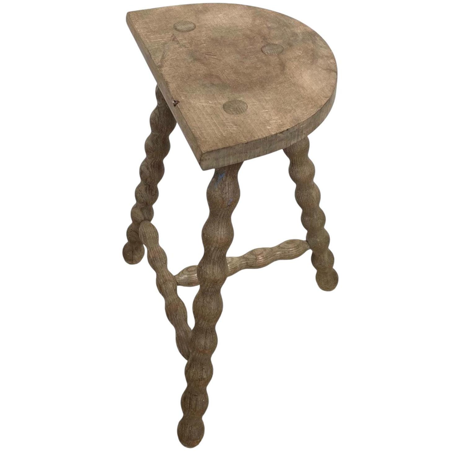 Vintage Stool French Medium Wooden Wood Bar Chair Seat Kitchen Table Farm D Shaped Seat Braced Tabouret c1960-70's / EVE