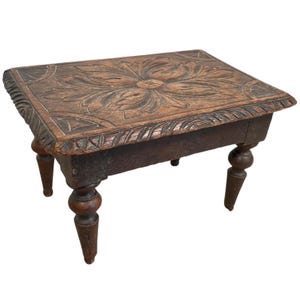 Antique French Footstool Foot Stool Rest Wooden Bench Seat Tiny Table Stand Display Prop Furniture Display Carved Top c1910&#39;s / EVE