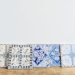 Vintage English Printed Glazed Wall Tile Blue White Bathroom Kitchen Tiles Place Mats Placemats SOLD INDIVIDUALLY c1980-90&#39;s / EVE of Europe