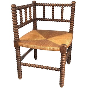 Corner Chair Vintage French Brown Wood Wooden Woven Strung Stool Display Stand Bobbin Leg circa 1940-50&#39;s / English Shop