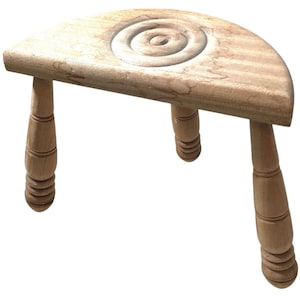 Vintage French Breton Classic Farmhouse Tripod Stool Chair Varnished Wood D Seat Turned Leg Rest Stand Plinth Tabouret c1960&#39;s / EVE