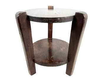 Petite table vintage de style maison de campagne française en bois avec socle en bois et socle pour pot de fleur Tabouret c1950-60 / EVE