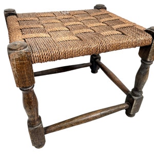 Vintage French Raffia Brown Wood Wooden Woven Strung Footstool Foot Stool Rest Footrest Display Stand circa 1960-70&#39;s / EVE