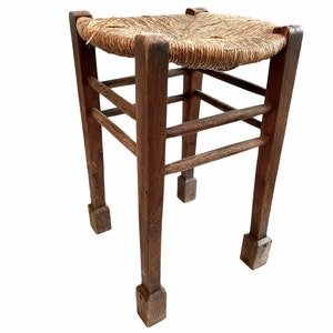 Vintage French Worn Wicker Stool Wooden Woven Bench Seat Footrest Foot Rest Small Table Stand Display Tabouret circa 1960-70&#39;s / EVE