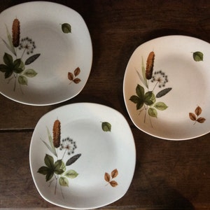 May include: Three white square ceramic plates with a floral design featuring brown, green, and white leaves and flowers.