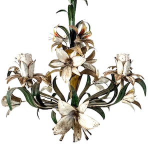 Vintage French Toleware Tole Style Metal Flower Petal Bloom Shaped Wall Ceiling Electric Lamp Light Lighting Shabby Chic Look c1970&#39;s / EVE