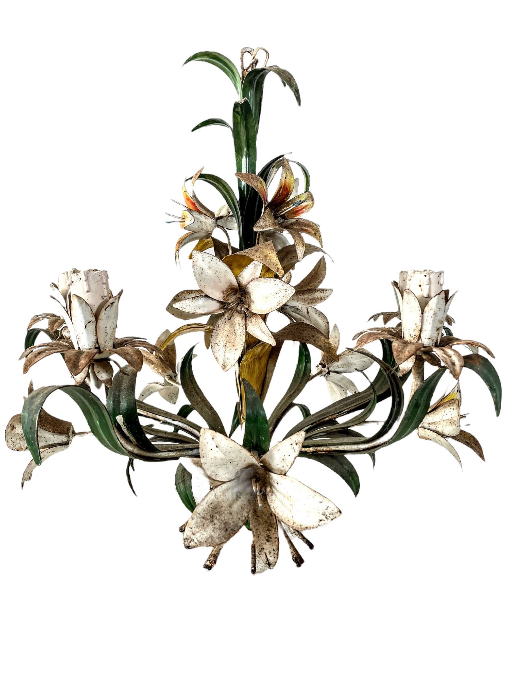 Vintage French Toleware Tole Style Metal Flower Petal Bloom Shaped Wall Ceiling Electric Lamp Light Lighting Shabby Chic Look c1970's / EVE