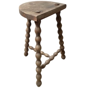Vintage French Tripod Stool Chair Seat Wooden Milking Kitchen D Shaped Seat Braced Bobbin Leg Rest Stand Plinth Tabouret c1960-70&#39;s / EVE
