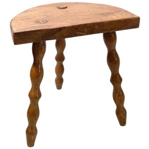 Vintage French Tripod Stool Chair Seat Varnished Wood Milking D Shaped Seat Bobbin Leg Rest Stand Plinth Tabouret Farmhouse c1960-70&#39;s / EVE