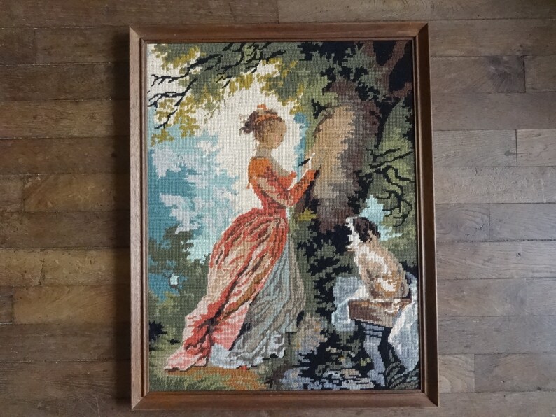 Vintage French Tapestry Cross Stitch Girl Lady Dog Tree Reproduction Portrait Wall Hanging circa 1950-60/'s EVE of Europe