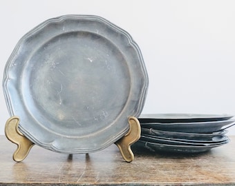 Antique French Small Pewter Dinner Plate Mixed Set Of Seven charger platter serving table display bashed bruised c1900's / EVE of Europe