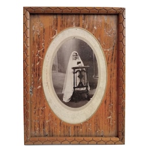 Antique French Photograph Of A Young Girl Child In Wood Frame Communium Confirmed On Prayer Stool Catholic Tabouret circa 1910&#39;s / EVE