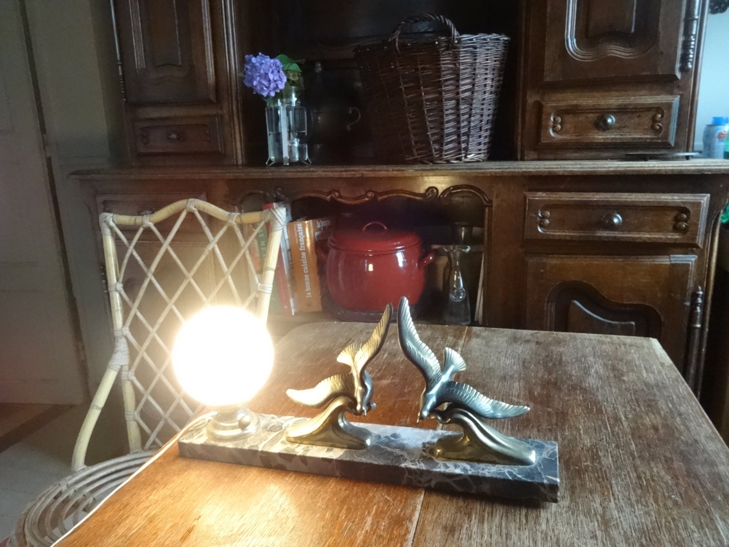 Vintage French tabletop sideboard desk bird marble glass lampshade lighting lamp light circa 1950-60's / EVE of Europe