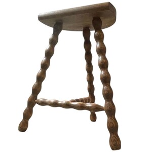 Vintage French Tripod Stool Chair Seat Wooden Milking Kitchen D Shaped Seat Braced Bobbin Leg Rest Stand Plinth Tabouret c1960-70&#39;s / EVE