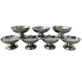 Vintage French Silver Steel Metal Small Ice Cream Sweet Pudding Cup Bowls Dishes Set Of Seven circa c1970-80's / EVE