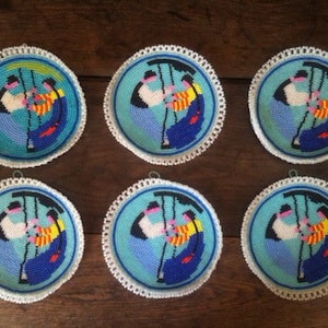 Vintage Portugese Colourful Couple on Swing Beadwork Coasters Doilies Table Protectors Set of 6 circa 1970&#39;s / EVE of Europe