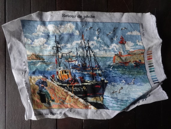 Vintage French Royal Paris Cross Stitch Fishing Boat Harbour