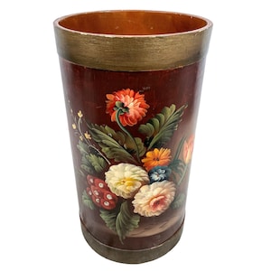 Vintage French Hand Painted Wooden Waste Paper Basket Bin Desk Trash Wood Can circa 1950-60's / EVE