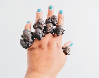 Vintage African Bronze Bust Head Face Finger Rings Primitive Tribal Primitive Extra Large Mans Men SOLD INDIVIDUALLY c1960&#39;s / EVE of Europe