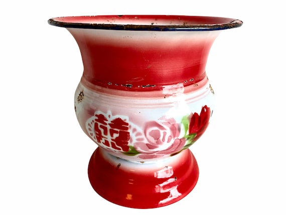 Vintage Chinese Tobacco Spit Spittoon Bucket Pot Vase Enamel Metal Bar Deco  Decoration Prop Red White Decor Rusty Circa 1950-60's / EVE