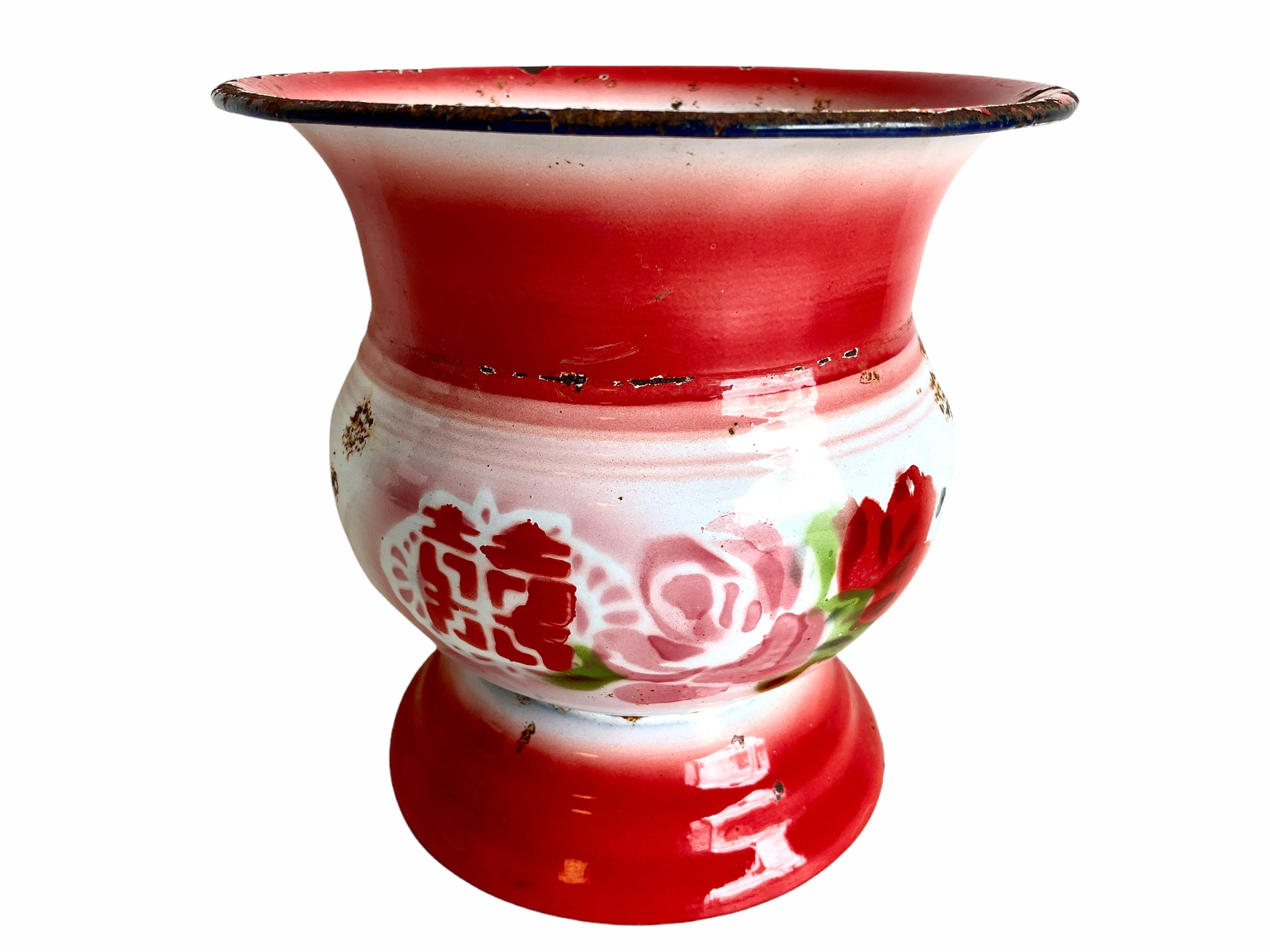 Vintage Chinese Tobacco Spit Spittoon Bucket Pot Vase Enamel Metal Bar Deco  Decoration Prop Red White Decor Rusty Circa 1950-60's / EVE