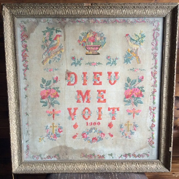 Antique French large religious cross stitch "Dieu Me Voit - God Sees Me" in gold frame circa 1900 / English Shop