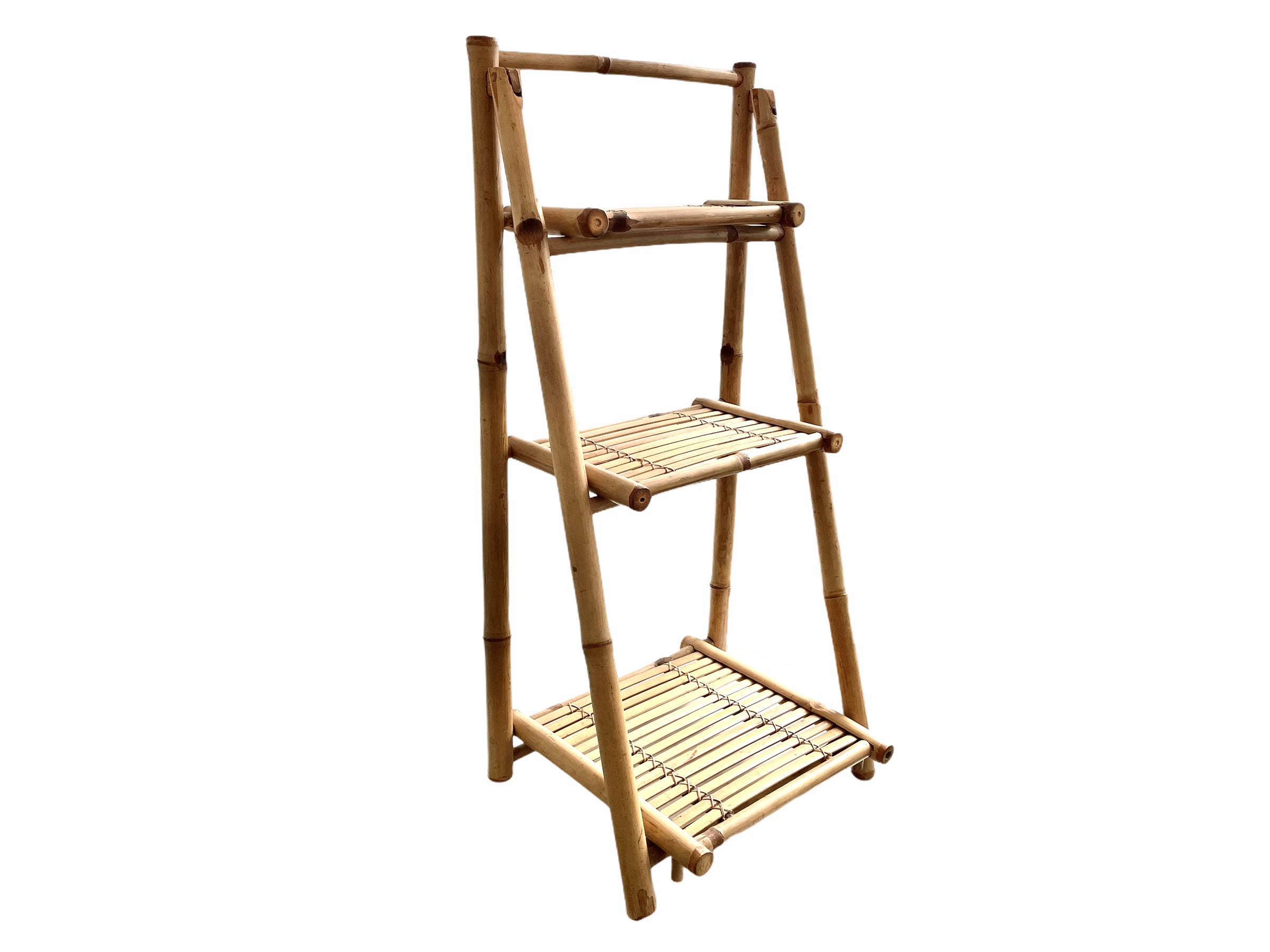 Vintage Vietnamese Asian Bamboo Three Tier Shelf Foldable Folding