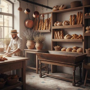 May include: A baker wearing a straw hat and apron kneads dough on a wooden table in a bakery. The shop features shelves filled with various loaves of bread, copper pots hanging from the ceiling, and two terracotta pots with dried plants.