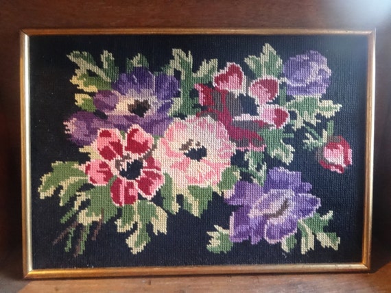 Vintage French Tapestry Cross Stitch Girl Lady Dog Tree Reproduction Portrait Wall Hanging circa 1950-60/'s EVE of Europe