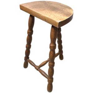 Vintage French Tripod Stool Chair Seat Wooden Milking Kitchen D Shaped Seat Braced Bobbin Leg Rest Stand Plinth Tabouret c1960-70&#39;s / EVE