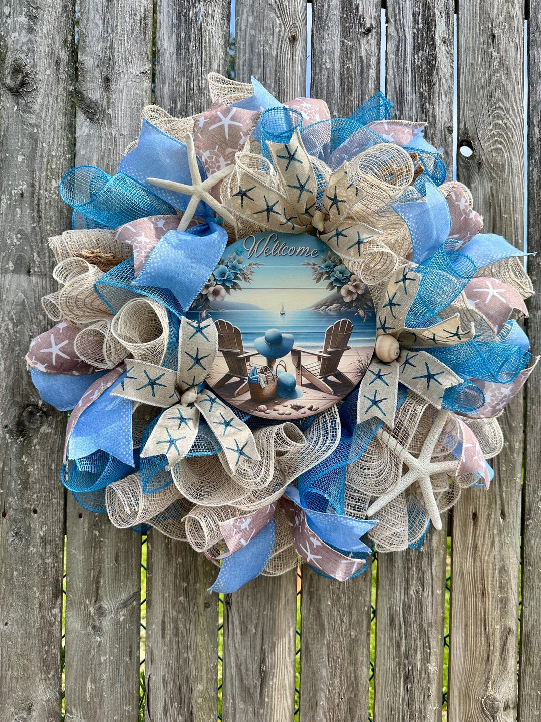 Coastal Beach Wreath, Starfish Driftwood, Nautical Summer Welcome Door ...
