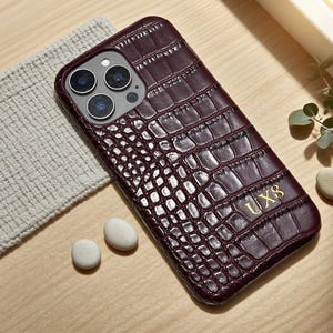 Custom Initials Crocodile Leather iPhone Case, Personalized iPhone 16 15 14 Pro Max Case, iPhone XR XS Max SE 7/8 Plus, Gift for Her