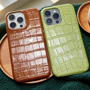 Personalized Leather iPhone Case | Stamped Crocodile Embossed Cover | Custom Monogram Initials | iPhone 16 Pro Max, 15, 14, 13, 12 Case