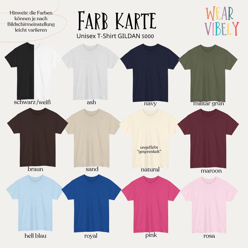 Pode incluir: Um gr&aacute;fico de cores de camisetas unissex Gildan 5000, mostrando v&aacute;rias cores, incluindo preto/branco, cinza, marinho, verde militar, marrom, areia, natural, bord&ocirc;, azul claro, royal, rosa e rosa. O texto "FARB KARTE" &eacute; exibido no topo.