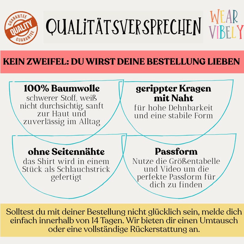 May include: A promotional graphic in German, featuring the words "QUALIT&Auml;TSVERSPRECHEN" and "WEAR VIBELY." It includes a guarantee seal and text about the product's quality, such as "100% Baumwolle" and "gerippter Kragen." The background is light with teal accents.