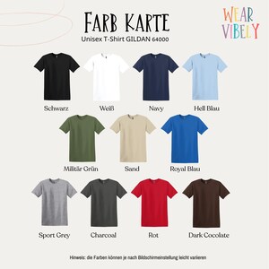 May include: A color chart of Gildan 64000 unisex t-shirts in various colors, including black, white, navy, light blue, olive green, tan, royal blue, gray, charcoal, red, and dark brown. The text "FARB KARTE" is at the top.