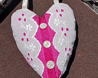 Mother's day heart ornament, fuchsia pink fabric heart, white lace heart charm, embroidered heart keepsake ornament, rosy red heart decor