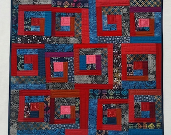 Modern batik wall quilt, blue and red patchwork wall hanging, boho mini crazy quilt