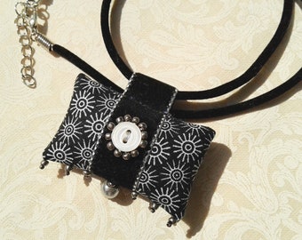 Black and white fabric pendant with pearl button, fiber art velvet ribbon necklace, button jewelry, statement jewelery