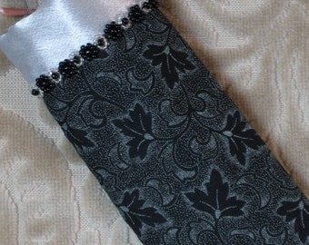 Black and white eyeglass case with beaded trim, calico glasses case, silver and black purse accessory