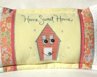 Patchwork pillow, Home Sweet Home pillow, house design pillow, embroidered house pillow, housewarming gift