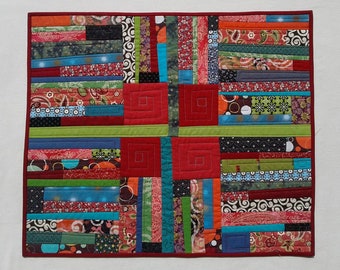Playful patchwork wall quilt, red and green farmhouse wall decor, crazy patch wall hanging