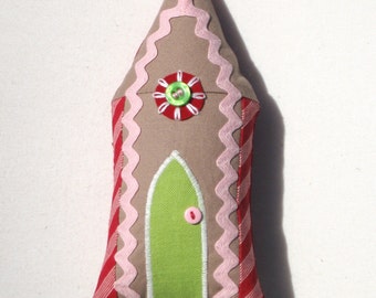 Gingerbread house ornament, pink and green gingerbread house, handmade house ornament