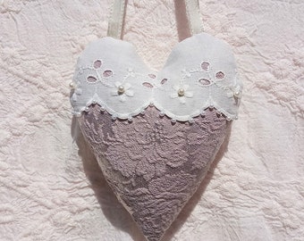 Silver tapestry heart, lace heart ornament, white lace heart keepsake, heart gift for mom