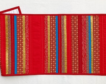 Striking holiday table runner, red and teal patchwork runner, fall farmhouse table runner