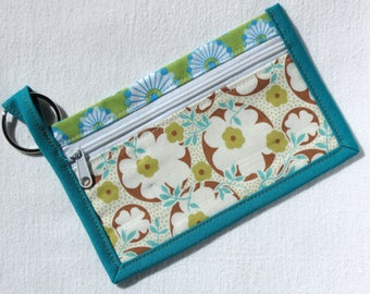 Mini wallet, coin purse with key chain, credit card holder in fun flower fabric